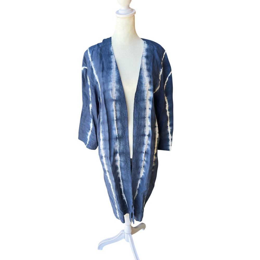 Chico's Blue White Tie Dye Linen Kimono Open Front Cardigan Duster Size 3 16/18